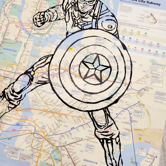 Handpainted Marvel Captain America Art on NYC Subway Map Rare Original Artwork - Picture 9 of 11